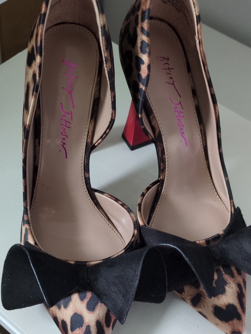Betsey Johnson Leopard Print Pointed Pumps with Black Bow and Red Block Heel